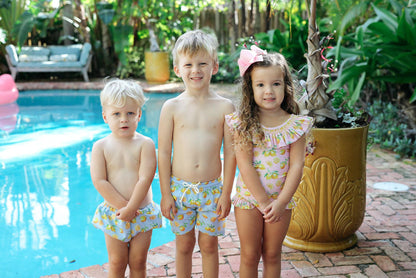 Blue And Yellow Lemon Print Swim Bloomer  Smocked Threads