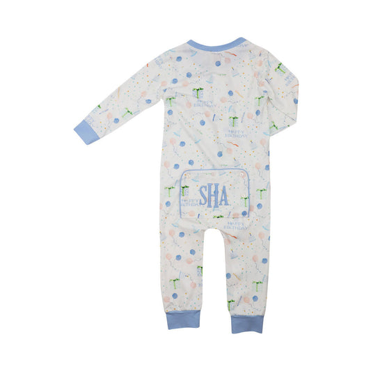 Blue Birthday Print Knit Zipper Pajamas Monogram