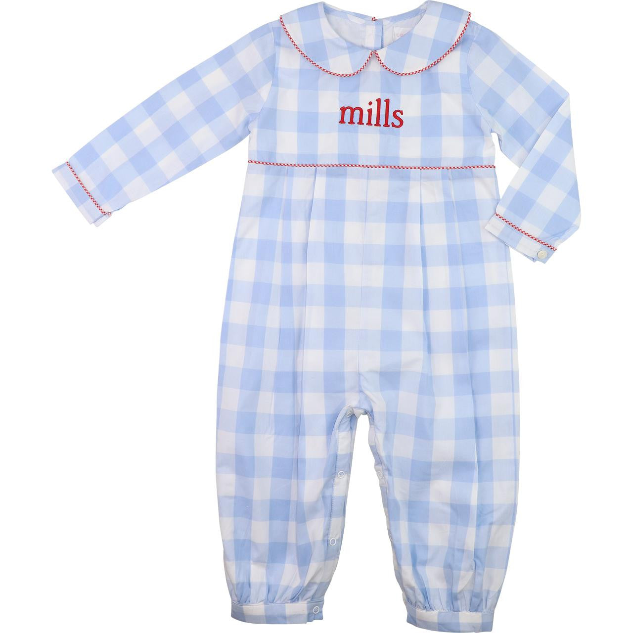 Blue Buffalo Check Long Romper With Red Trim   Monogram