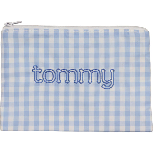 Blue Check Lined Zipper Pouch Monogram