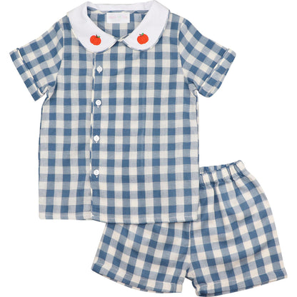 Blue Check Side Button Pumpkin Short Set Smocked Threads