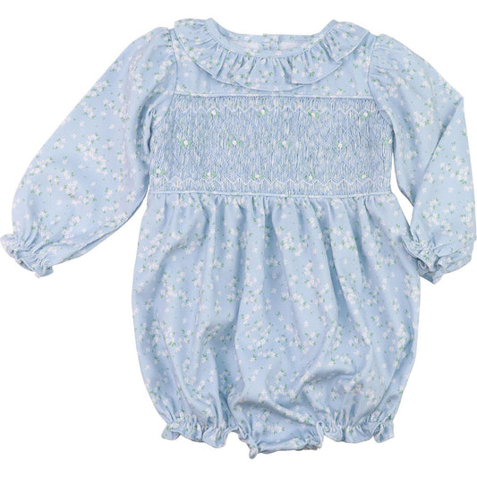 Blue Corduroy Dainty Floral Smocked Rosette Bubble  Eliza James Kids