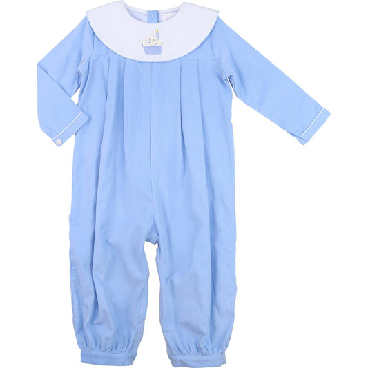 Blue Corduroy Embroidered Cupcake Long Romper  Smocked Threads