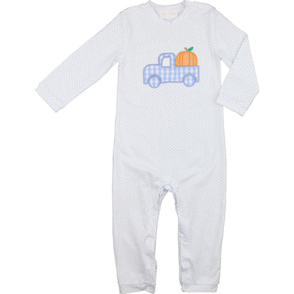 Blue Dot Knit Applique Truck And Pumpkin Long Romper  - Shipping Mid September  Smocked Threads