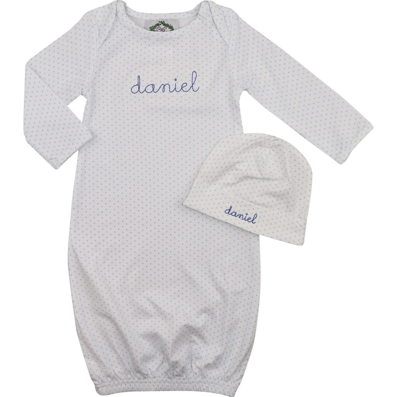 Blue Dot Knit Baby Gown And Beanie Monogram