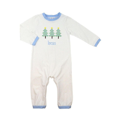 Blue Dot Knit Christmas Tree Long Romper - 