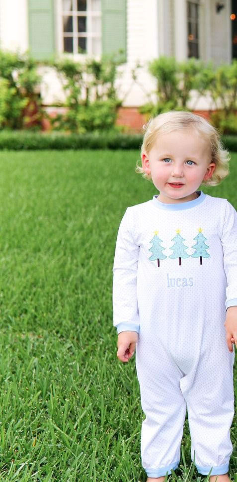 Blue Dot Knit Christmas Tree Long Romper   Monogram