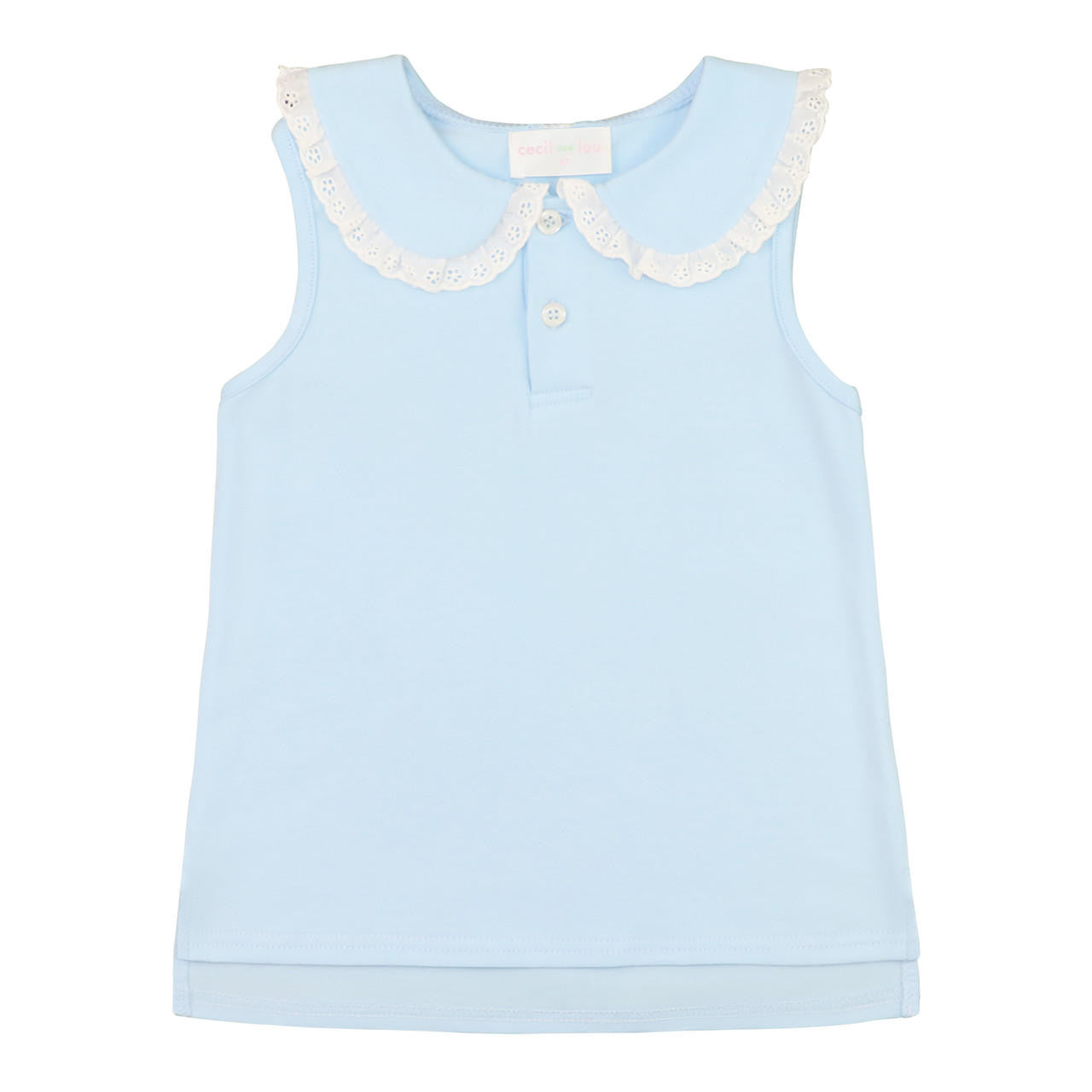 Blue Eyelet Sleeveless Knit Peter Pan Shirt - Shipping Early May  Smocked Threads