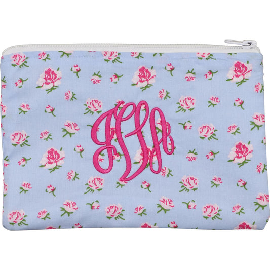 Blue Floral Lined Zipper Pouch Monogram