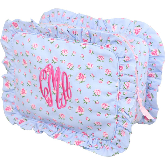 Blue Floral Ruffle Pouch  Monogram - Cecil and Lou