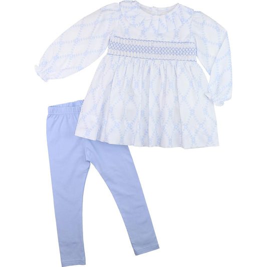 Blue Floral Trellis Smocked Legging Set - Shipping Early October  Smocked Threads