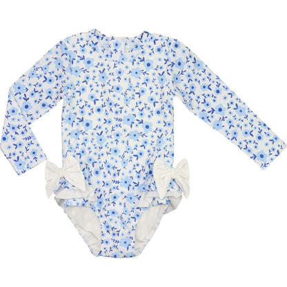 Blue Flower Print Lycra Swimsuit  Smocked Threads