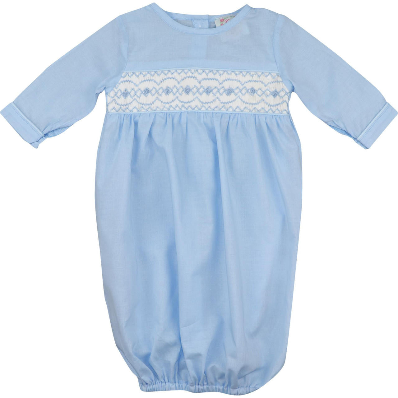 Blue Geometric Smocked Baby Gown Monogram