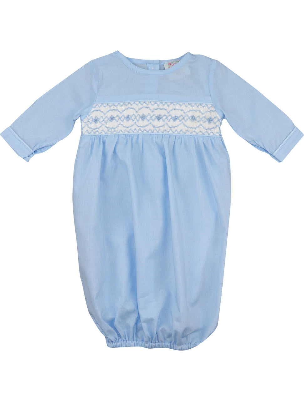 Blue Geometric Smocked Baby Gown Monogram