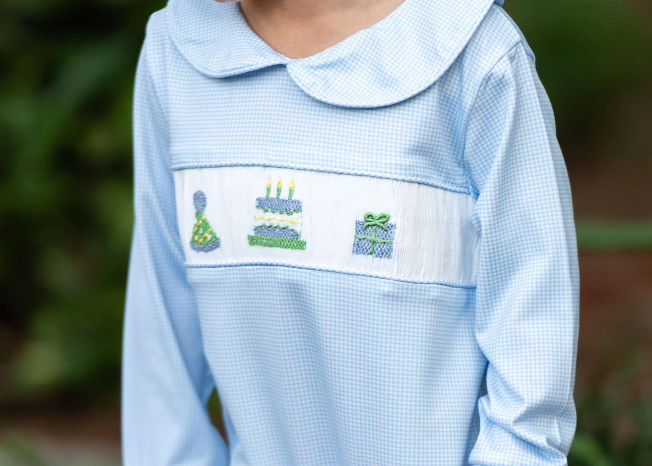 Blue Gingham Knit Smocked Birthday Long Romper  Smocked Threads