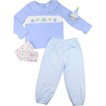 Blue Gingham Knit Smocked Birthday Pant Set  Smocked Threads