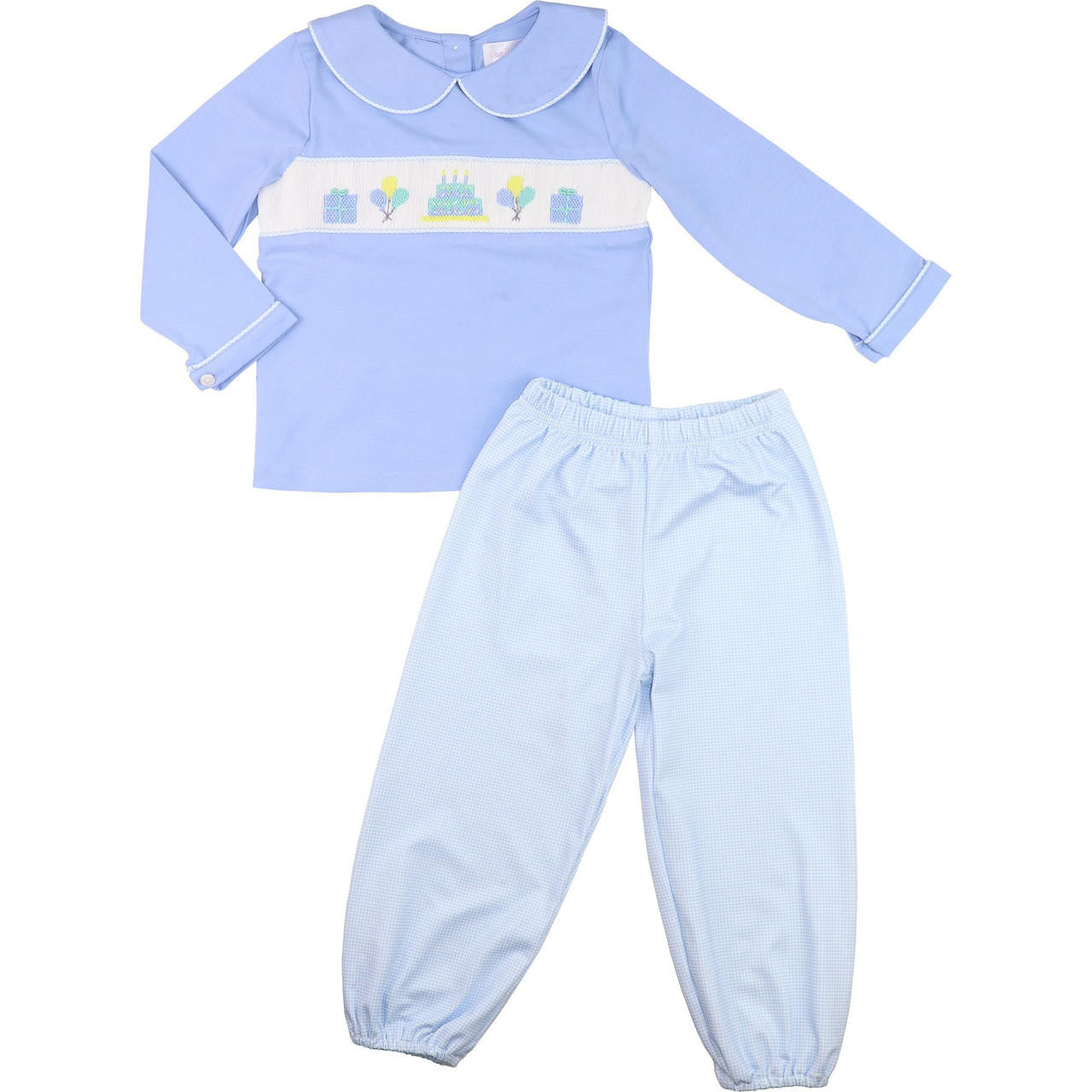 Blue Gingham Knit Smocked Birthday Pant Set  Smocked Threads