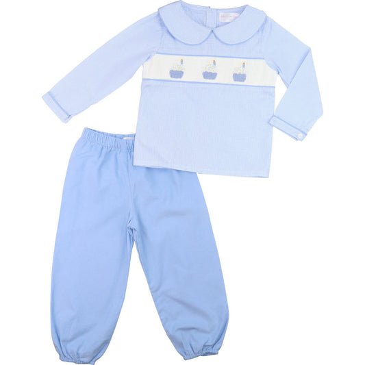 Blue Gingham Smocked Birthday Cupcake Pant Set  Smocked Threads