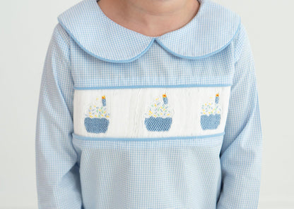 Blue Gingham Smocked Birthday Cupcake Pant Set  Smocked Threads