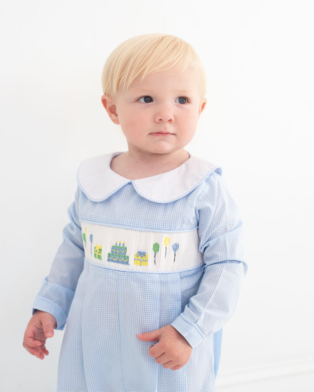 Blue Gingham Smocked Birthday Long Romper  Smocked Threads