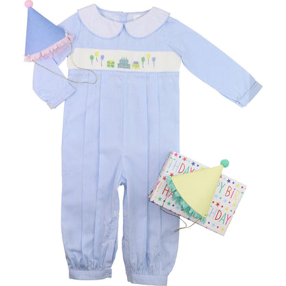 Blue Gingham Smocked Birthday Long Romper  Smocked Threads