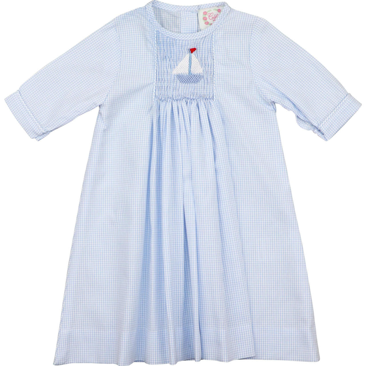 Blue Gingham Smocked Sailboat Baby Gown Smocked Threads