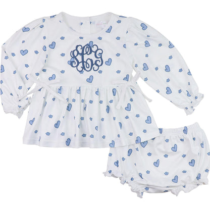 Blue Heart Print Knit Diaper Set  Monogram