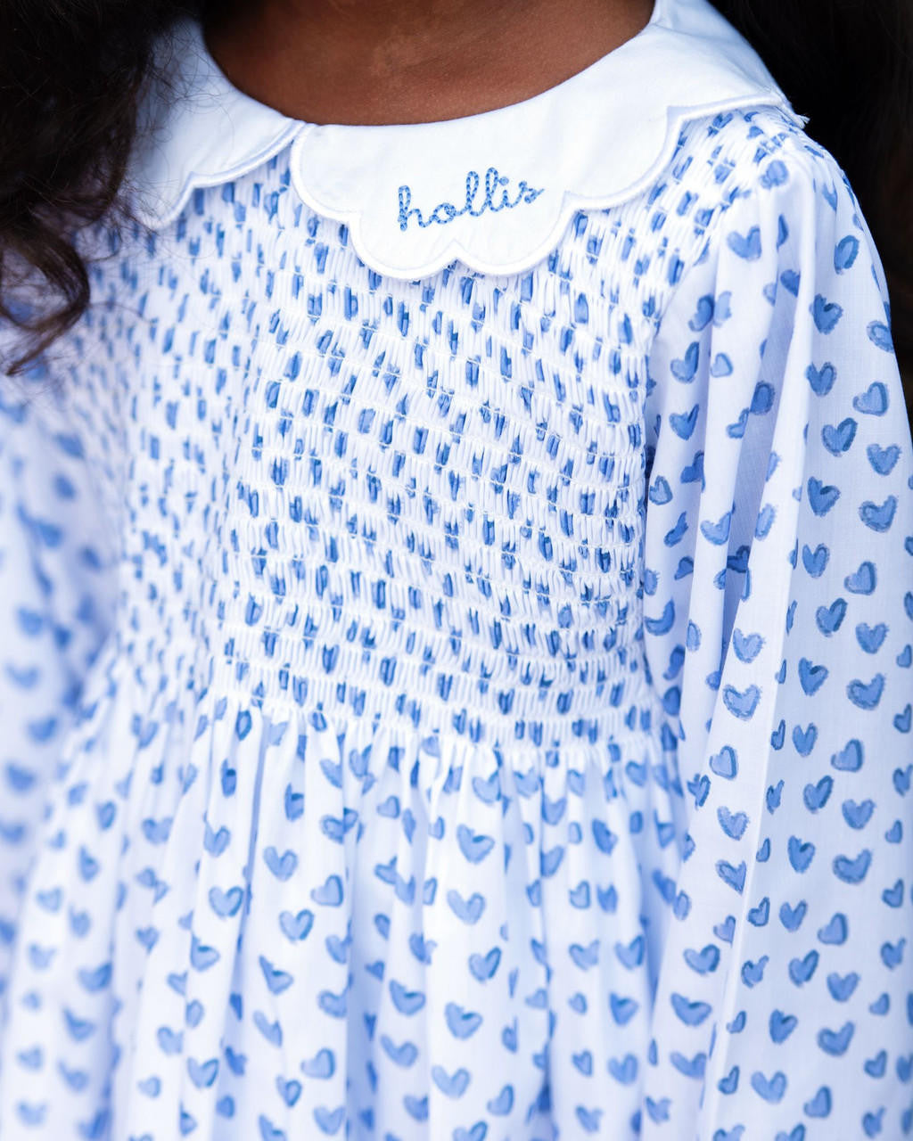 Blue Heart Smocked Scalloped Collar Dress