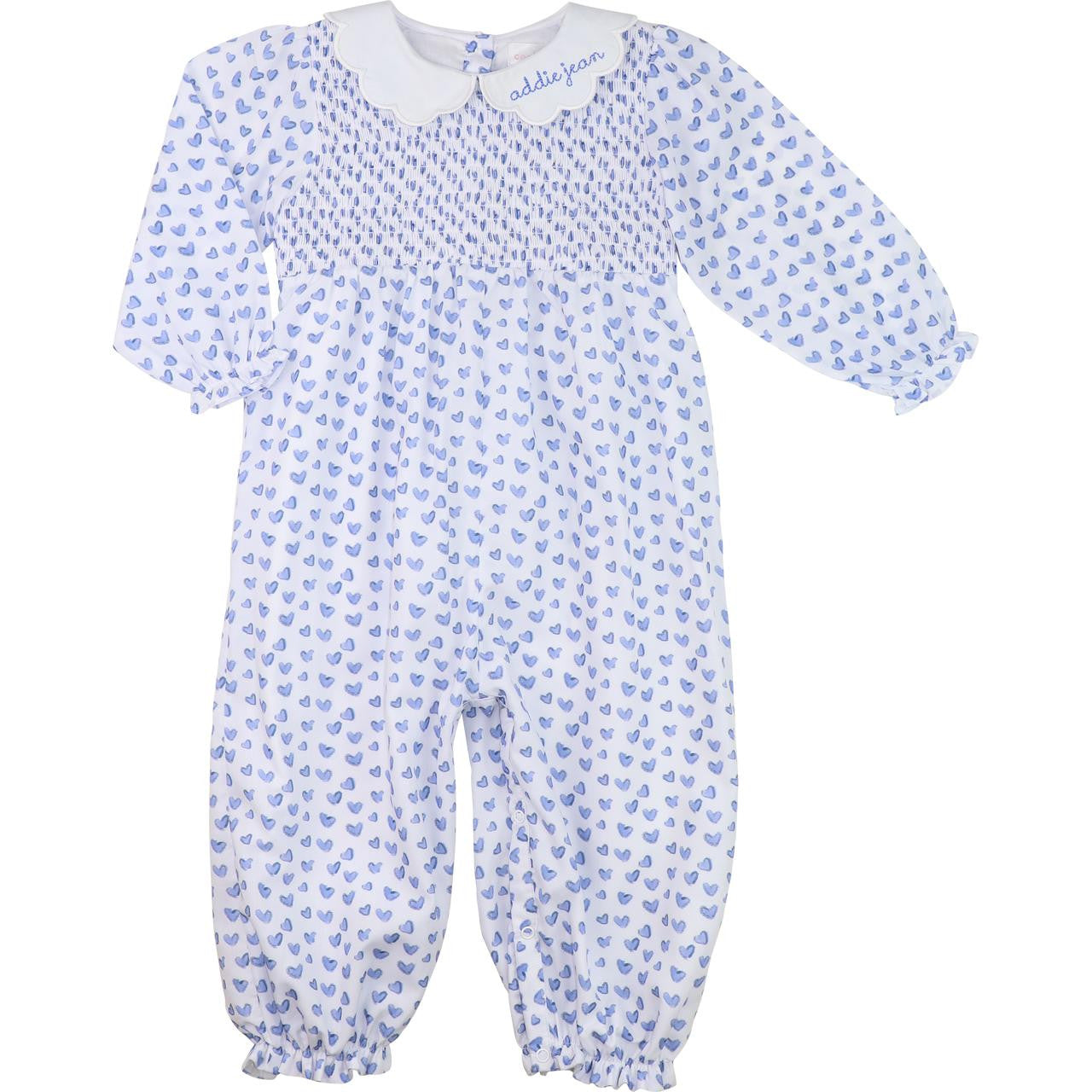 Blue Heart Smocked Scalloped Collar Long Bubble