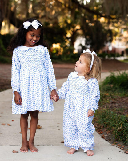 Blue Heart Smocked Scalloped Collar Long Bubble