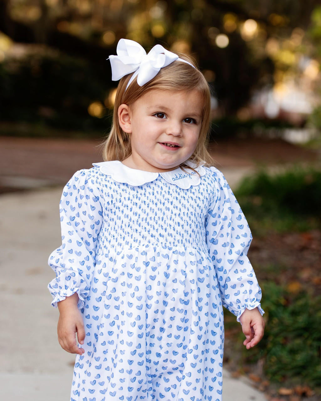 Blue Heart Smocked Scalloped Collar Long Bubble