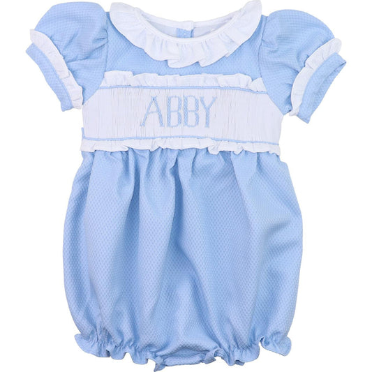 Blue Honeycomb Custom Smocked Ruffle Bubble  Monogram