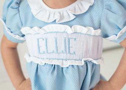 Blue Honeycomb Custom Smocked Ruffle Bubble  Monogram