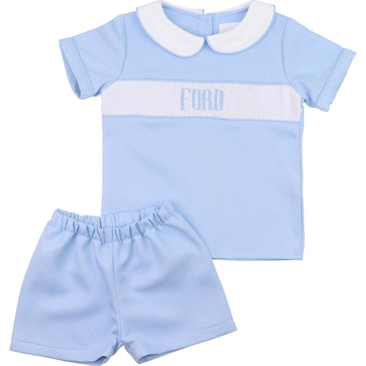 Blue Honeycomb Custom Smocked Short Set  Monogram