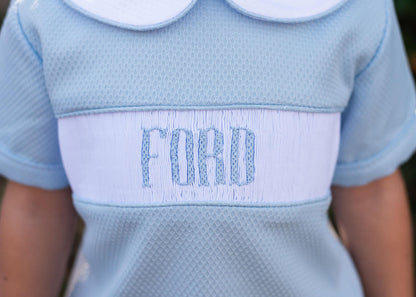 Blue Honeycomb Custom Smocked Short Set  Monogram