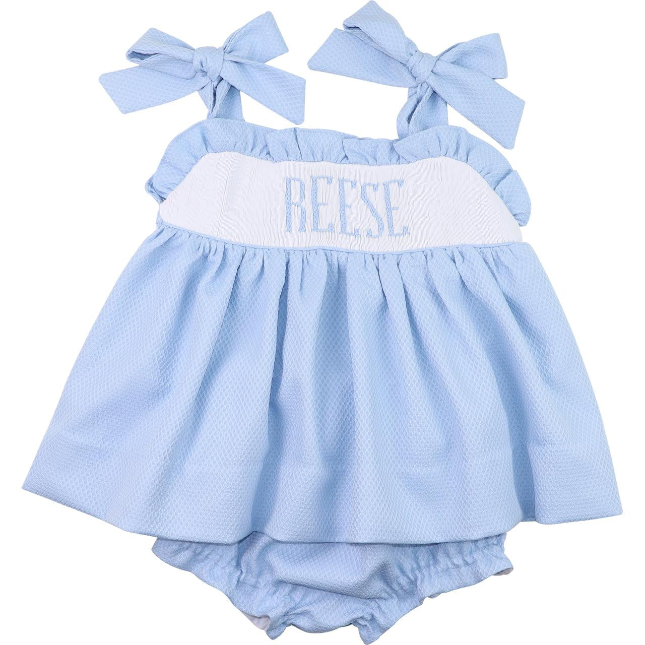 Blue Honeycomb Custom Smocked Shoulder Tie Diaper Set  Monogram