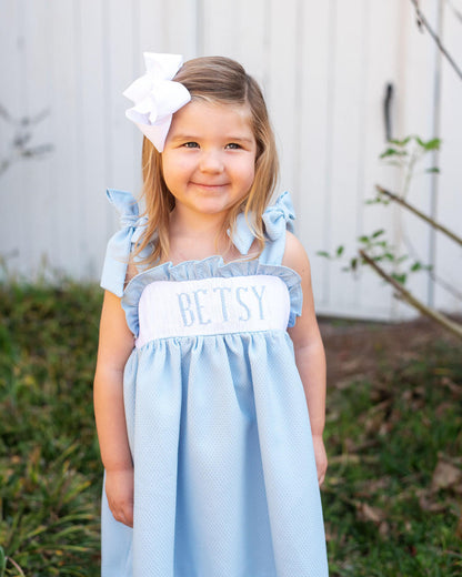 Blue Honeycomb Custom Smocked Shoulder Tie Dress  Monogram