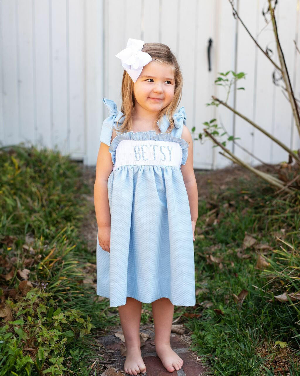 Blue Honeycomb Custom Smocked Shoulder Tie Dress  Monogram