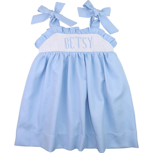 Blue Honeycomb Custom Smocked Shoulder Tie Dress  Monogram