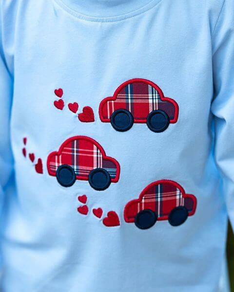 Blue Knit Applique Cars And Hearts Shirt  Eliza James Kids