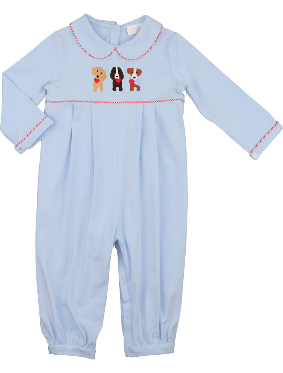 Blue Knit Embroidered Puppies And Hearts Long Romper  Cecil and Lou