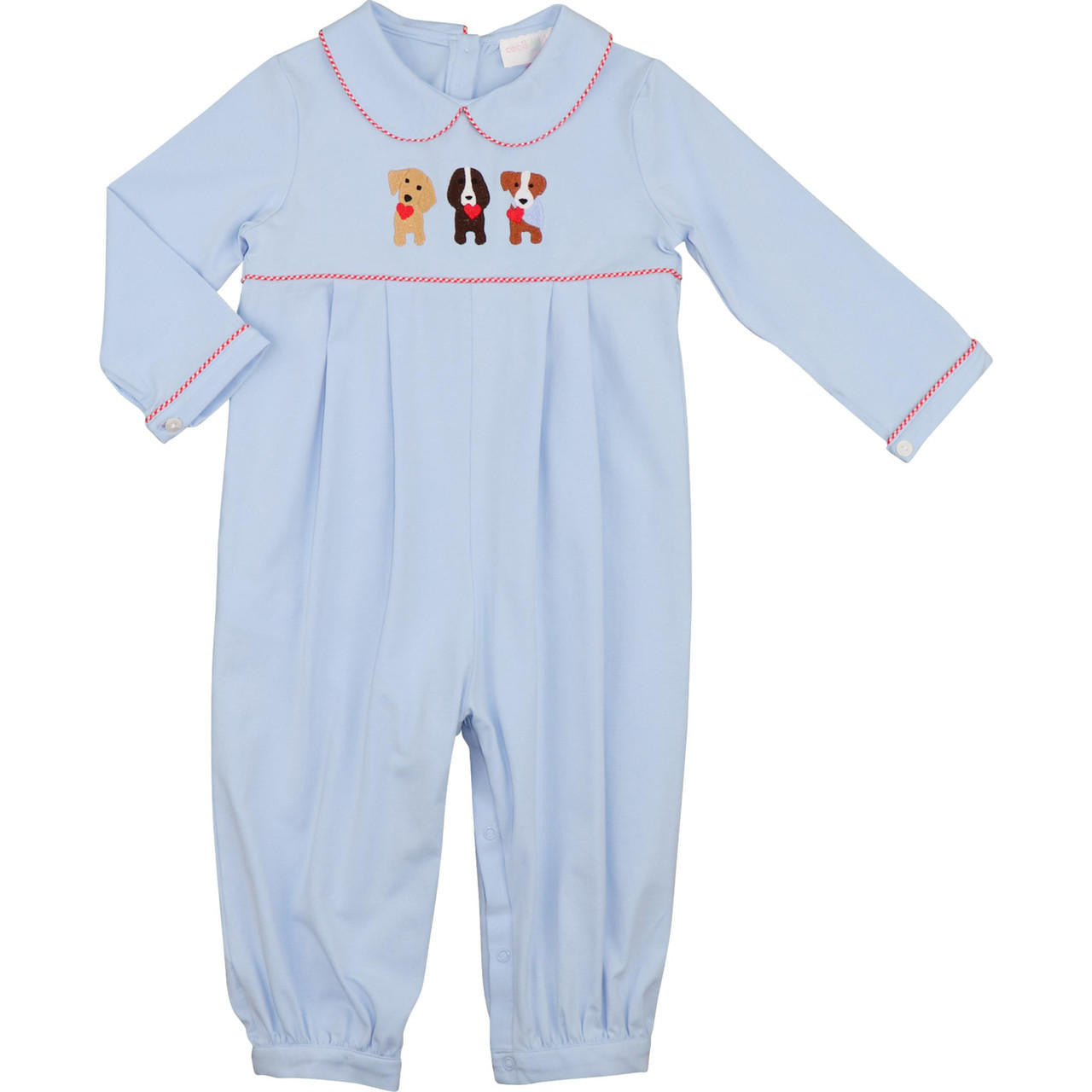 Blue Knit Embroidered Puppies And Hearts Long Romper  Cecil and Lou