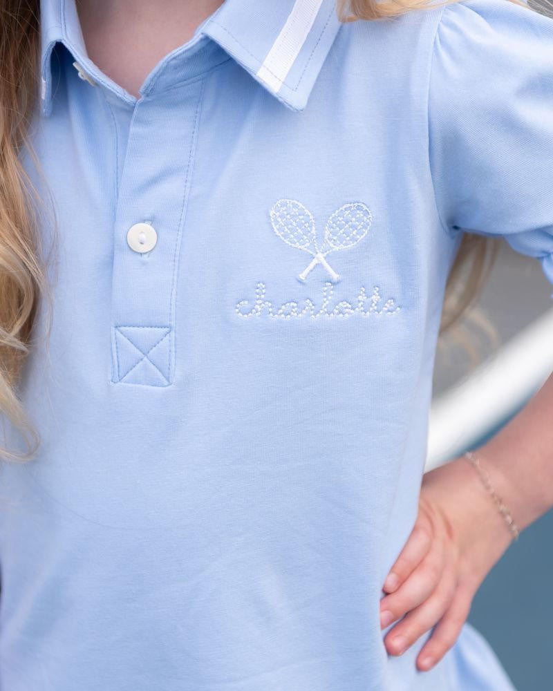 Blue Knit Embroidered Tennis Dress  Monogram