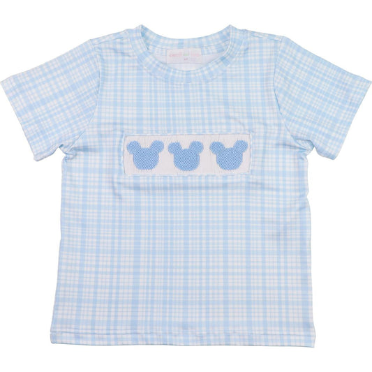 Blue Knit Plaid Smocked Mouse Ears Shirt  Smocked Threads