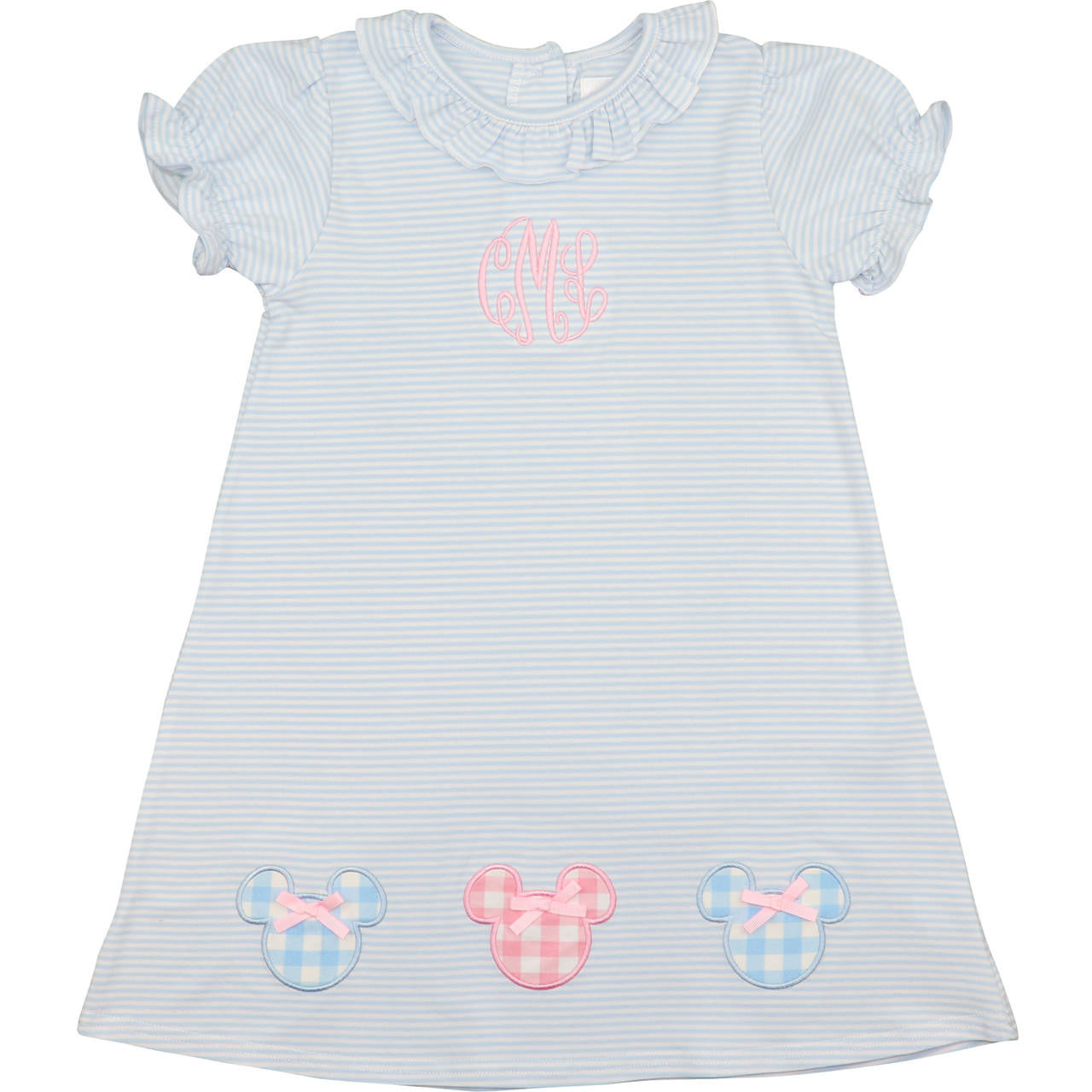 Blue Knit Stripe Applique Mouse Ears Dress Smocked Threads