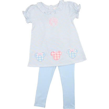 Blue Knit Stripe Applique Mouse Ears Legging Set Smocked Threads