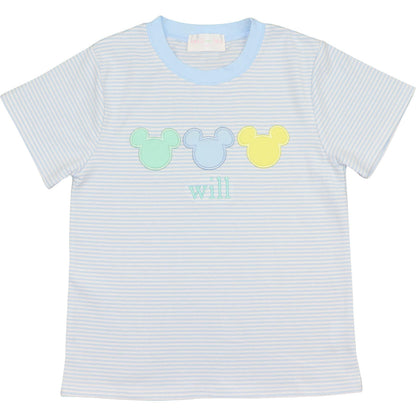 Blue Knit Stripe Applique Mouse Ears Shirt Smocked Threads