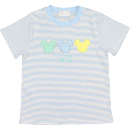 Blue Knit Stripe Applique Mouse Ears Shirt