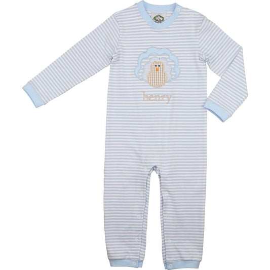 Blue Knit Stripe Applique Turkey Long Romper - Shipping Late October  Monogram