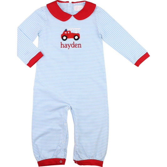 Blue Knit Stripe Crocheted Firetruck Long Romper  Monogram